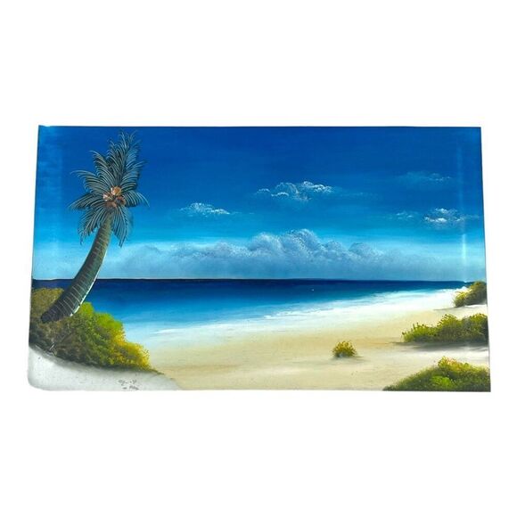 Hand Painted Tile Art Cancun Mexico Beach Scene w/ Display Stand Nautical Decor - Picture 3 of 11
